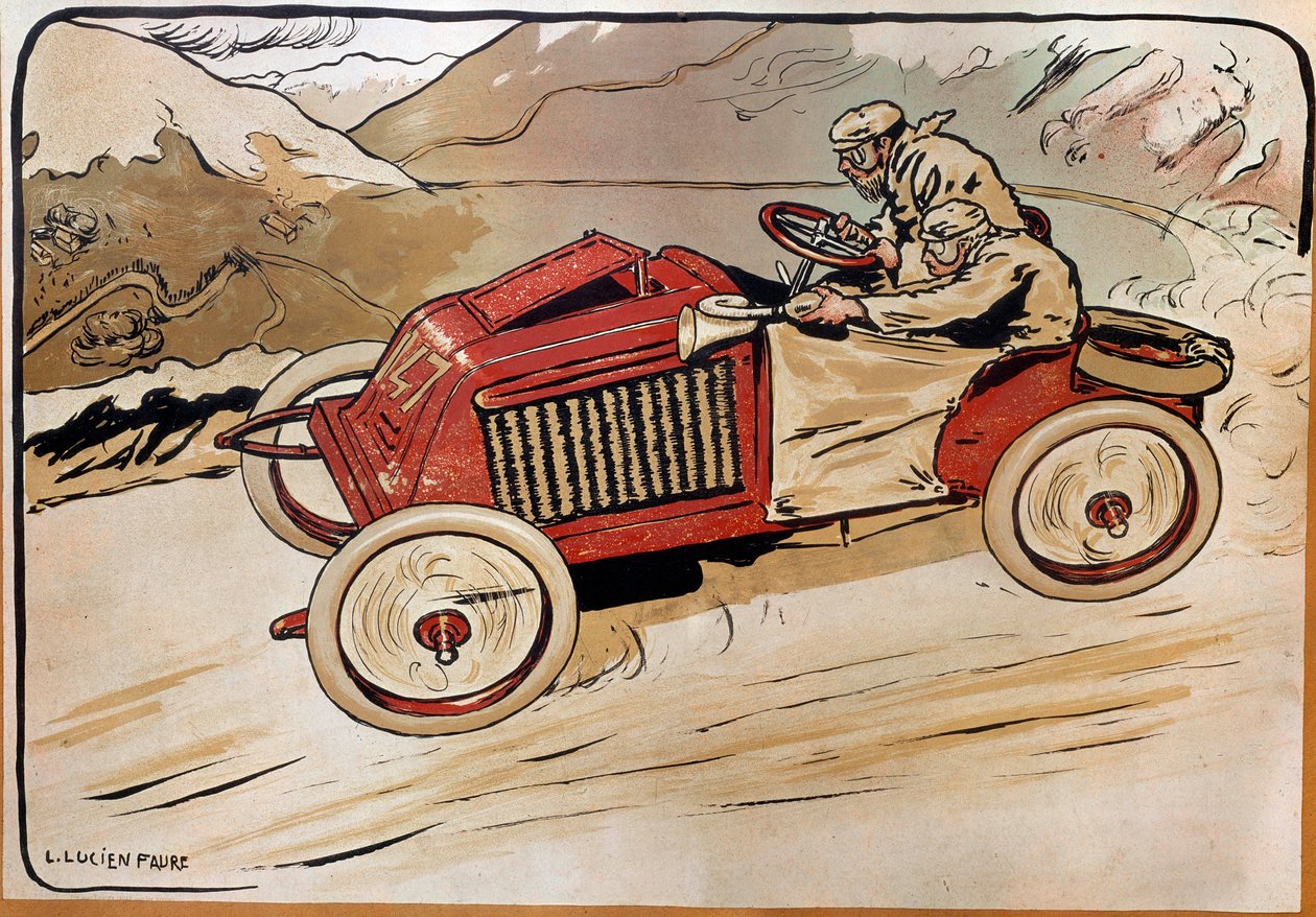Gépkocsi: versenyautó. Marcel Renault (1872-1903) és Rene Vauthier az Alpokon átkelve a PÁRIZS-BÉCS versenyen 1902-ben a 147-es autóval. Louis Lucien Faure Dujarric (1872-?) litográfiája, 20. század. Conservatoire National des Arts et Metiers, Párizs alkotó: Louis Lucien Faure Dujarric