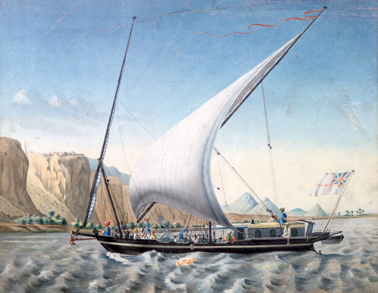 "Egy csónak a Níluson, Ibrim, Núbia", 1827-1829 alkotó: Louis M. A. Linant de Bellefonds,