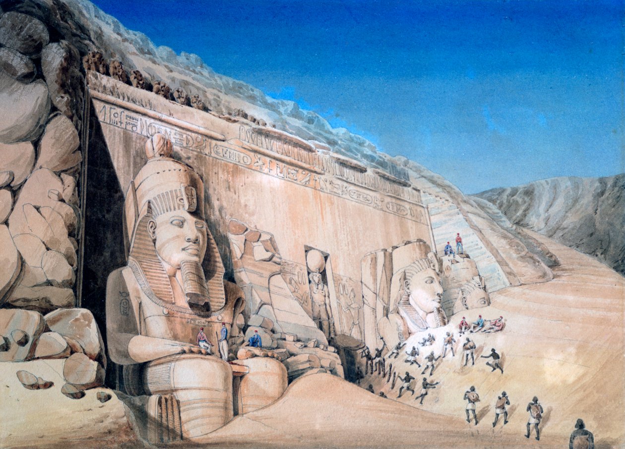 „II. Ramszesz nagy templomának feltárása, Abu Simbel”, 1819 alkotó: Louis M. A. Linant de Bellefonds,