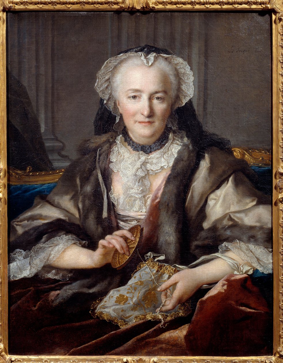 Madame Dange portréja kopogtat F. B. Dange du Fay farmer tábornok felesége – Louis Tocque festménye (1696-1772) 1753 V. 0,83x0,63 m – Anne Jarry, Madame Dange portréja (1721-ben feleségül vette Francois Balthazar Dange du Fay-t (1696-1777)) alkotó: Louis Tocqué