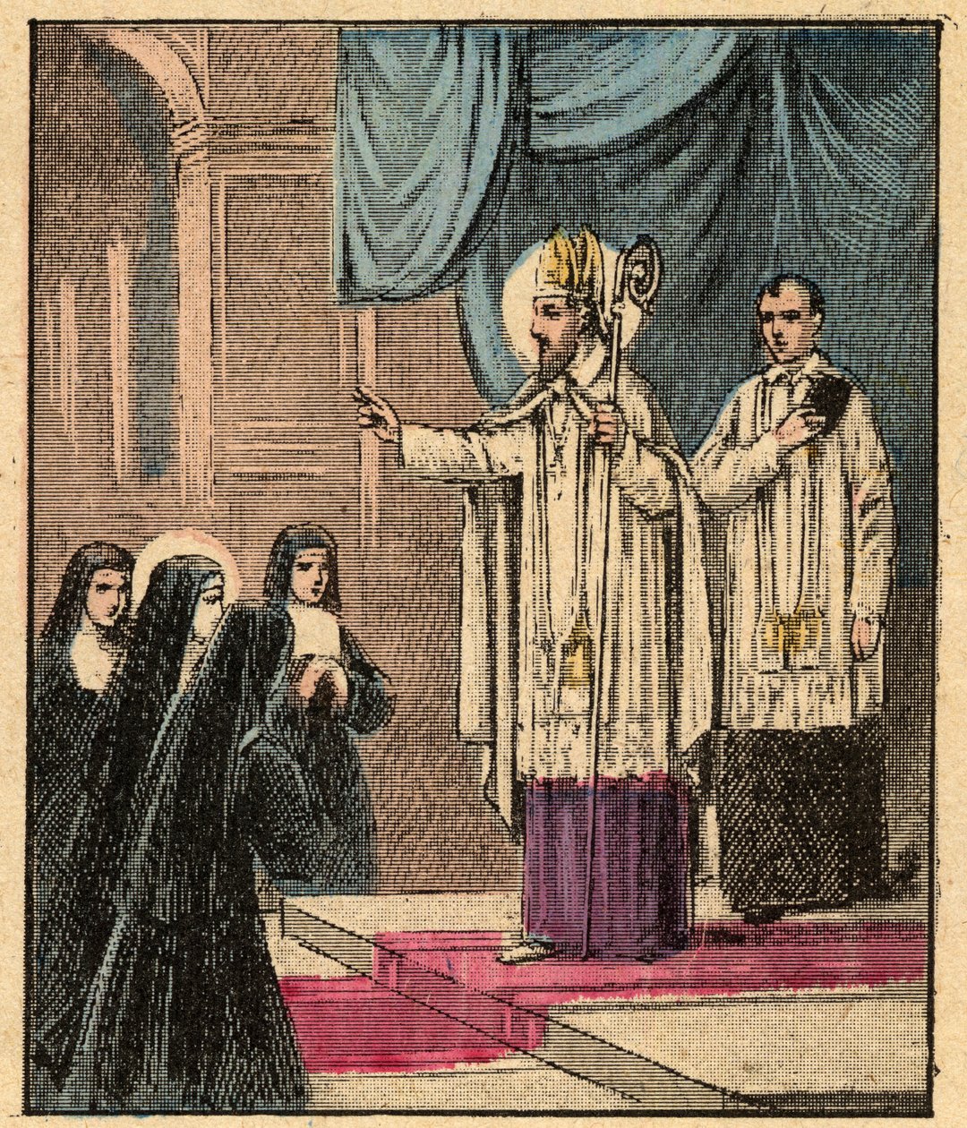 Mária-látogatási rend - Sales-i Szent Ferenc - Saint Francois-de-Sales (1567-1622) - Francois de Sales megalapította a Látogatói Rendet Madame de Chantal-lal (Jeanne Francoise Fremyot de Chantal) (1572-1641) - Metszet a „Vallástanítás alkotó: Louis Maitrejean