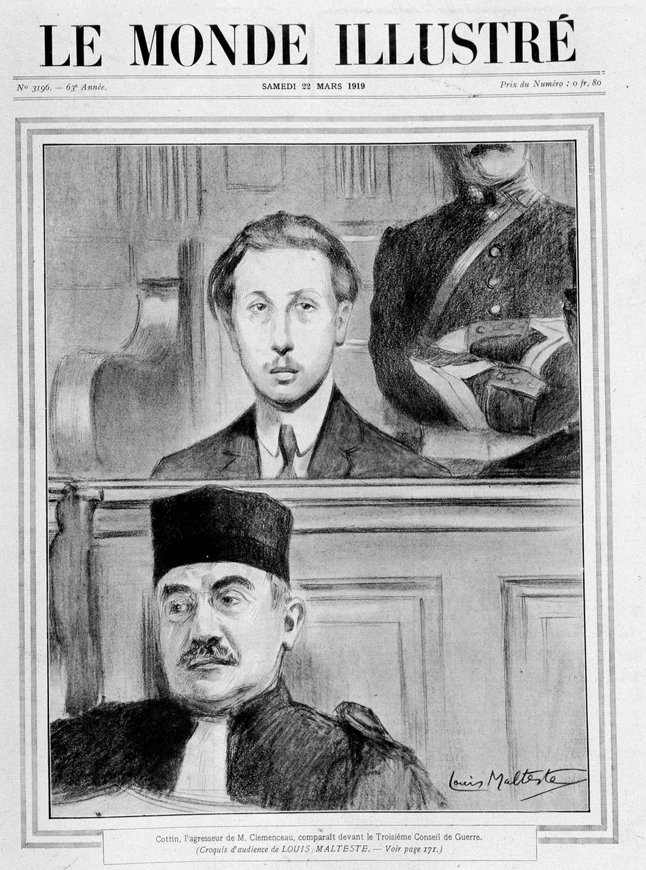 Ítélet jelenete. „” Eugene Cottin, Georges Benjamin Clemenceau agresszora megjelent a 3. Haditanács előtt” (Luuis Malteste közönségvázlata) - az 1919. 02. 15-i „” Le Monde Illustré”-ben alkotó: Louis Malteste
