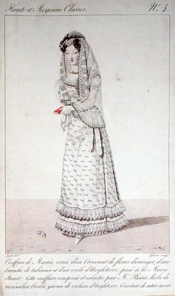 Esküvői ruha és frizura, 4-es divatlemez a "Haute et Moyenne Classes" sorozatból, Georges Jacques Gatine (1773-1831) metszetével, 19. század eleje (színes metszet) alkotó: Louis Marie (after) Lante