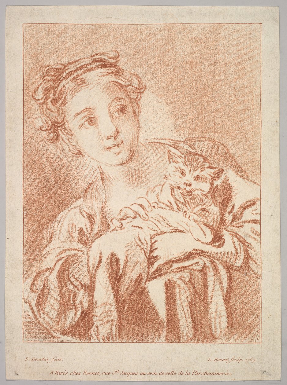 Egy fiatal lány macskát tartva, 1769. alkotó: Louis Marin Bonnet