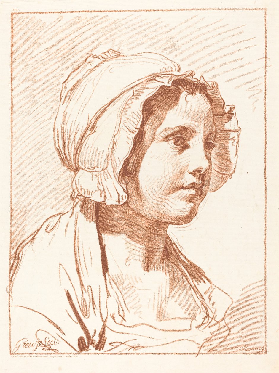 Egy sapkát viselő fiatal nő feje, 1764 előtt. alkotó: Louis Marin Bonnet