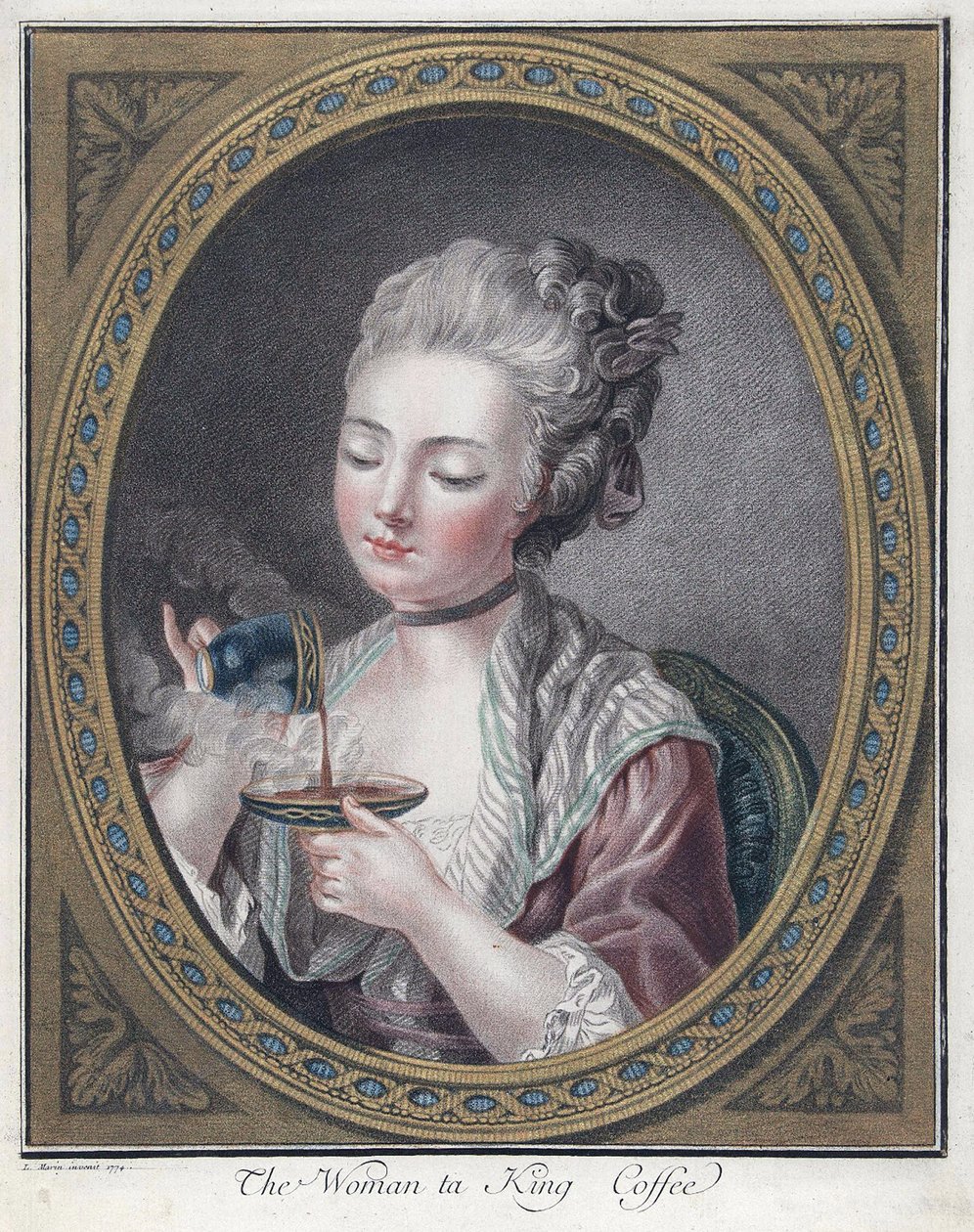 Nő kávézik - Bonnet, Louis-Marin (1743-1793) - 1774 - Rézkarc, akvarell - 28,7x23,4 - Magángyűjtemény alkotó: Louis Marin Bonnet