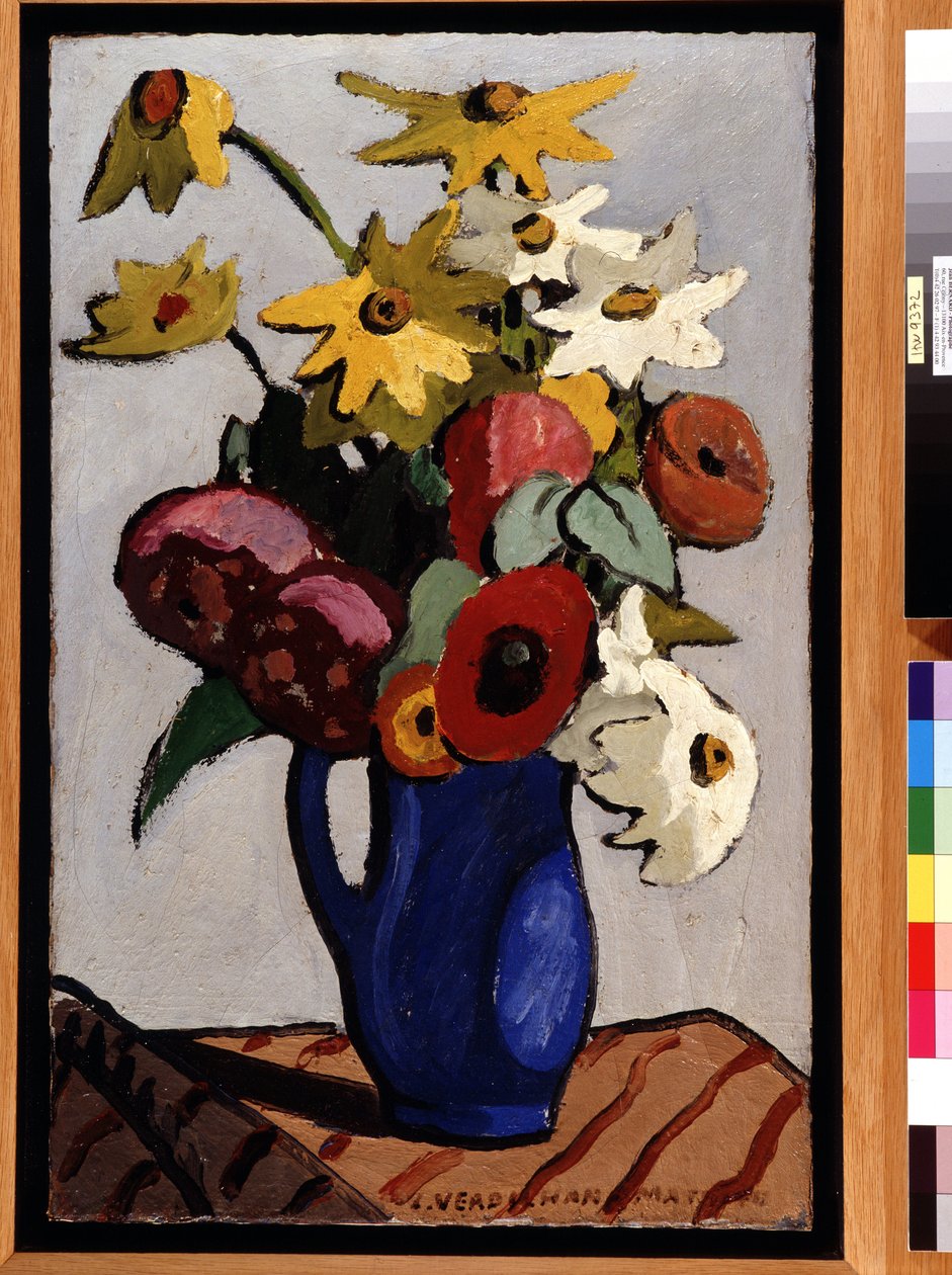 Virágcsokor kék vázában Louis Mathieu Verdilhan (1875-1928) festménye Dim. 71,5x45,5 cm Kötelező említés: Collection fondation regards de Provence, Marseille alkotó: Louis Mathieu Verdilhan