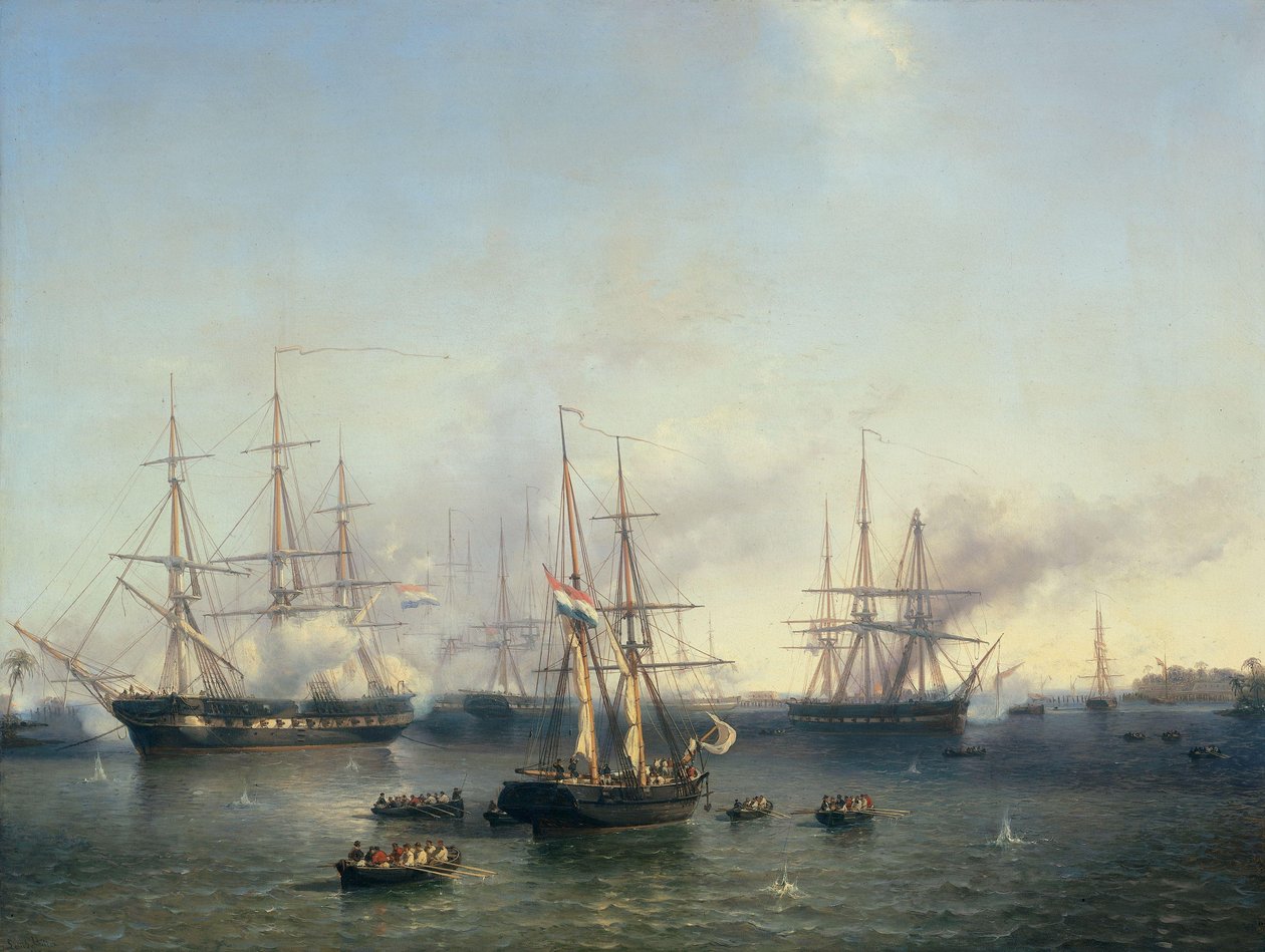 Az indonéziai szumátrai Palembang meghódítása De Kock altábornagy által, 1821. június 24. alkotó: Louis Meijer (signed by artist)