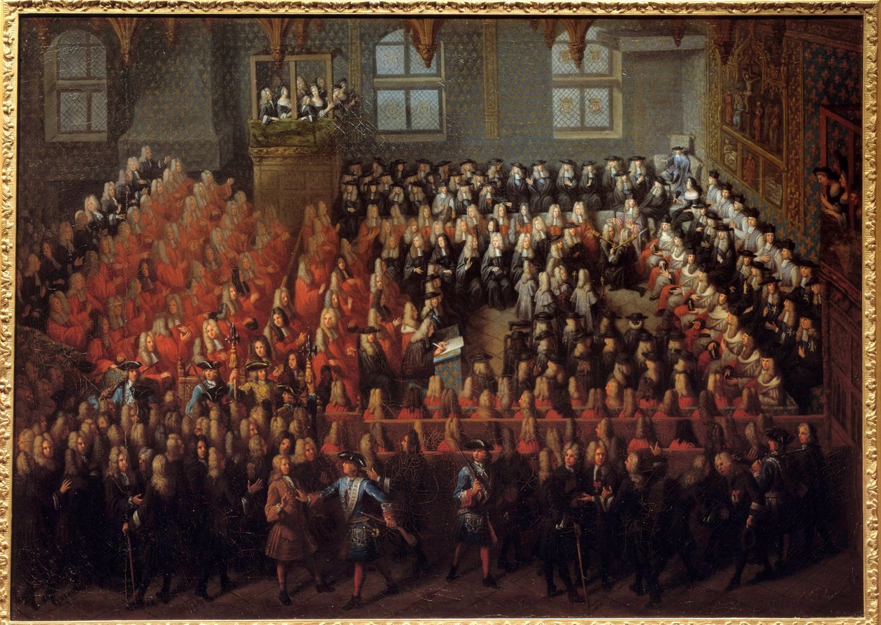 XV. Lajos (1710-1774) igazságszolgáltatási ágya a párizsi parlament nagytermében, hogy megszegje XIV. Lajos (1638-1715) akaratát alkotó: Louis Michel Dumesnil