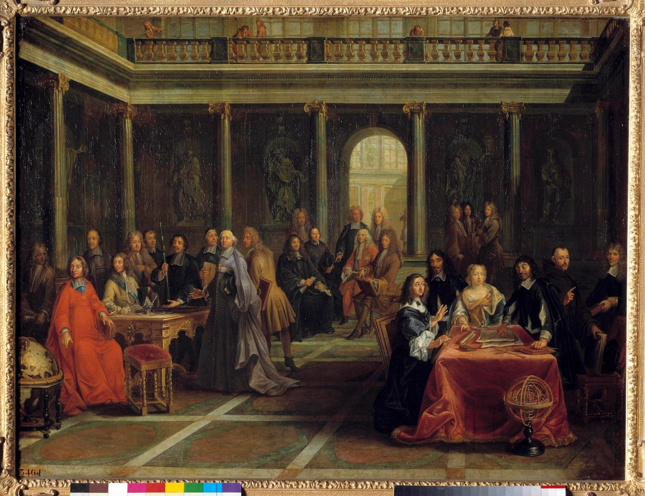 Krisztina svéd királynő udvarától körülvéve hallja Rene Descartes filozófus geometriai bemutatóját; Conde hercege, Elisabeth de Baviere nádor hercegnő és Mersenne atya jelenlétében Louis Michel Dumesnil festménye alkotó: Louis Michel Dumesnil
