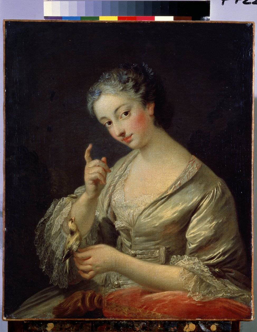 Nő madárral (Hölgy madárral). Louis Michel Van Loo (1707-1771) festménye. Olaj, vászon, 64 x 53,5 cm, 18. század. Francia művészet, rokokó stílusban. Ermitázs Múzeum, Szentpétervár. alkotó: Louis Michel van Loo