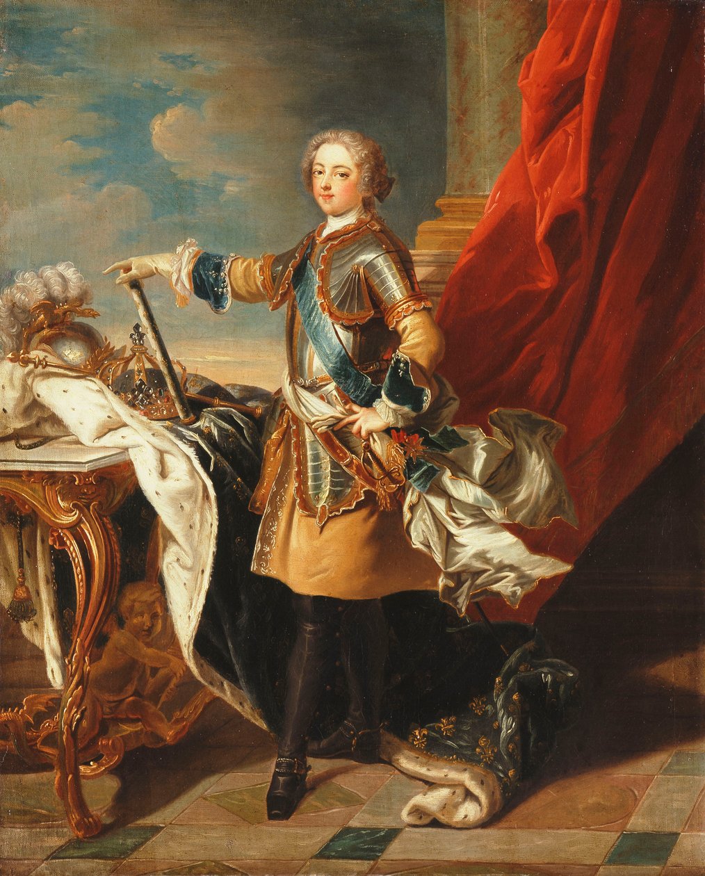XV. Lajos király portréja, egész alakos, félpáncélt viselve, alkotó: Louis Michel van Loo