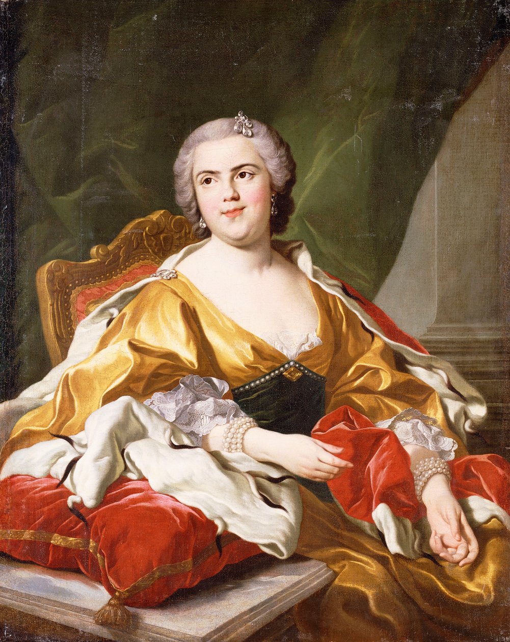 Louise Elisabeth de Bourbon pármai hercegnő ülő portréja, háromnegyed hosszúságban, alkotó: Louis Michel van Loo