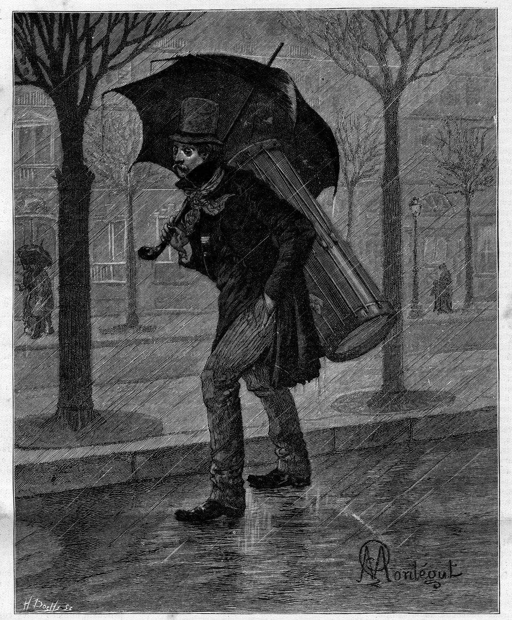 Gyenge termés! Szegény nedves kabóca! ... Dobos nyomorúságban sétál az esőben Párizs utcáin. Alphonse Daudet (1840-1897) „” Trento ans de Paris”” önéletrajzi gyűjteményében. Metszet Montegut illusztrációi után a Le Monde illustriou-ban alkotó: Louis Montegut