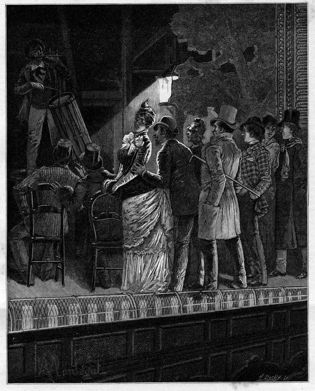 Milyen hatást produkált, nagy isten, erre a szkeptikus közönségre ez a rusztikus zene... Dobost hallgató nézők. Alphonse Daudet (1840-1897) „Trento ans de Paris” önéletrajzi gyűjteményében. Metszet Montegut illusztrációi után a „” Le alkotó: Louis Montegut