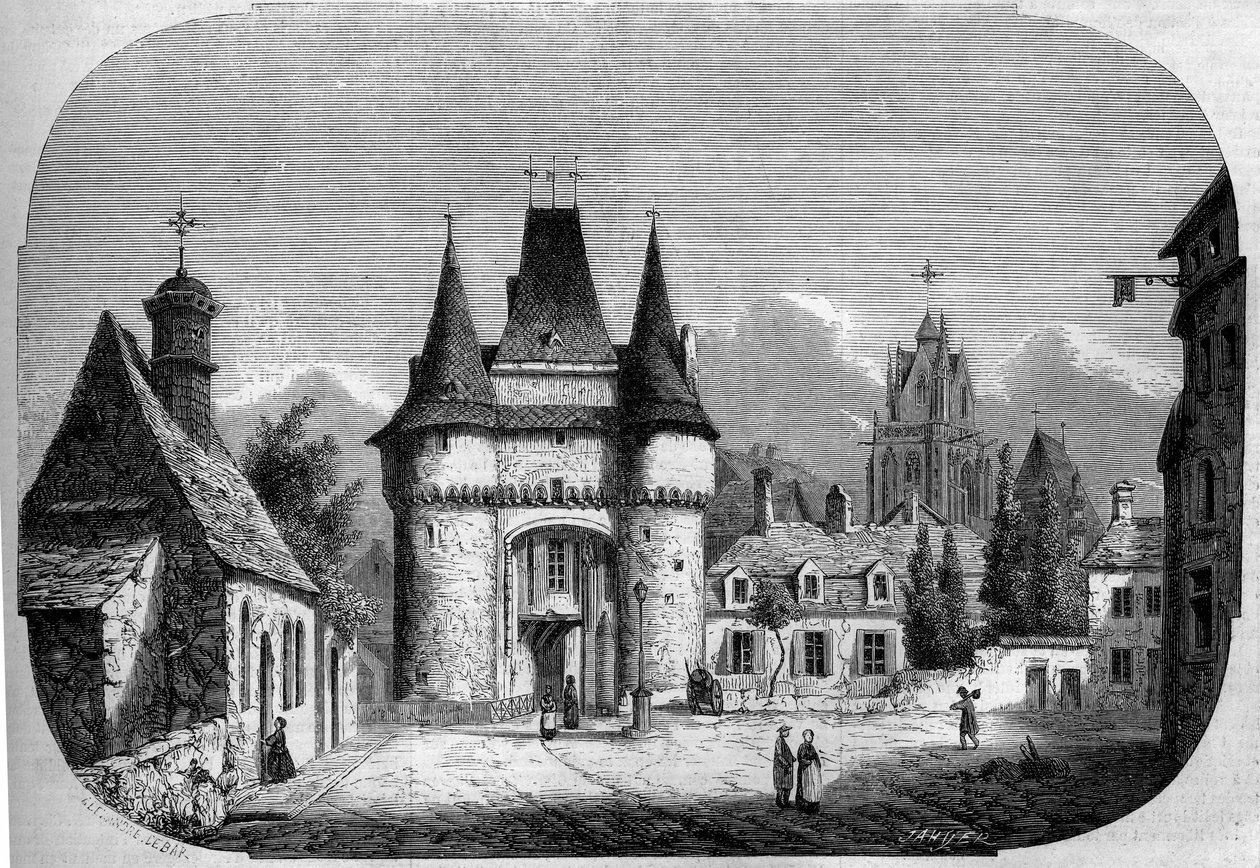 Építészet: a Saint Julien-kapu képe (1460-1483), a háttérben a gótikus Notre Dame des Marais templom (1450-1623) képe. La Ferte Bernard, Sarthe (72) alkotó: Louis Moullin