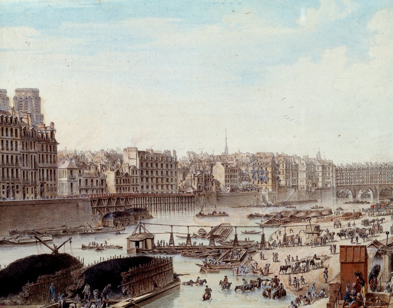 Tengeri élet a párizsi kikötő dokkjain 1782-ben Peniches és kereskedelmi tevékenységek a Szajnán. Részlet. Louis de Lespinasse (1734-1808) rajza 1782. Párizs, Musee Carnavalet alkotó: Louis Nicolas de Lespinasse