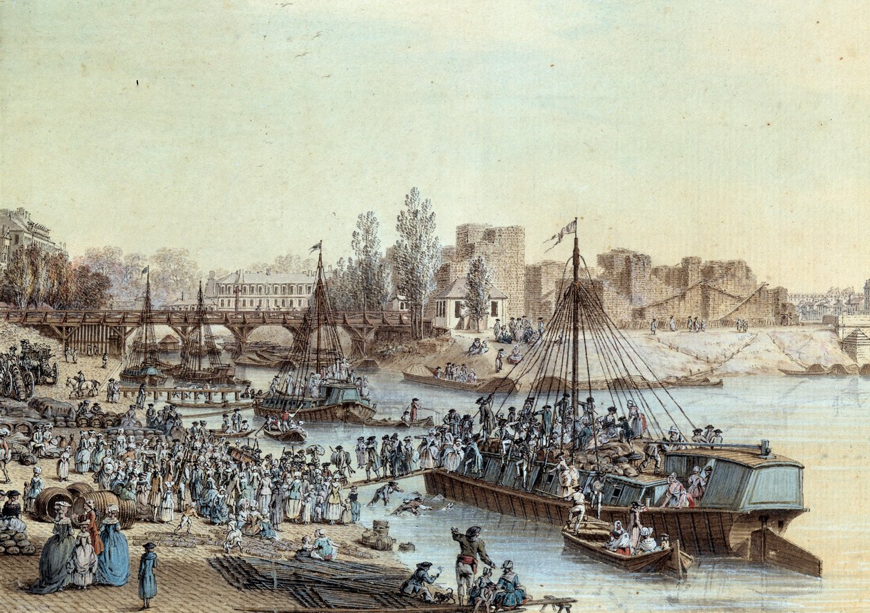 Szállítás A hajó megrakott utasokat érkezett a dokkba. Louis de Lespinasse (1734-1808) rajza 1782. Párizs, Musee Carnavalet alkotó: Louis Nicolas de Lespinasse