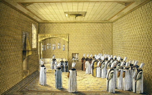 A szultáni nagykövet bemutatása a konstantinápolyi Topkapi Palota Petíciós termében (akvarell és testfesték krétával, tollal és tintával papíron) alkotó: Louis Nicolas de Lespinasse