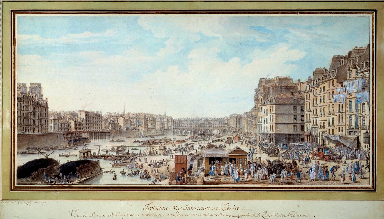 Kilátás a kikötőre a bálnánál, amelyet az akkori Marche aux veaux-tól vett a Notre-Dame híd felé Párizsban, Louis Nicolas de Lespinasse (1734-1808) akvarellje. 1782. Párizs, Musee Carnavalet alkotó: Louis Nicolas de Lespinasse
