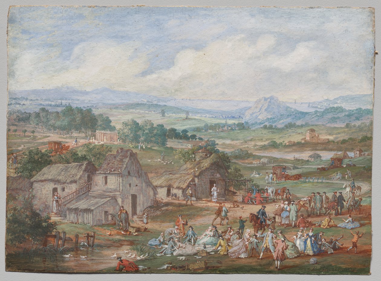 Piknikező buli egy falu közelében alkotó: Louis Nicolas van Blarenberghe