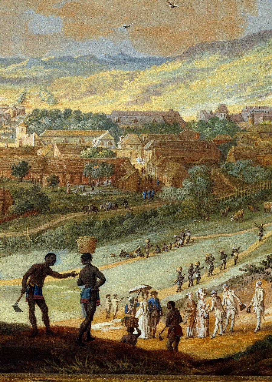 Részlet: "" Kilátás Cape francais városára (Cap de la Republique) kilátás a hegyre Santo Domingoban"" Részlet. Louis Nicolas Van Blarenberghe (1716-1794) festménye 1779 La Rochelle, Az Újvilág Múzeuma. alkotó: Louis Nicolas van Blarenberghe
