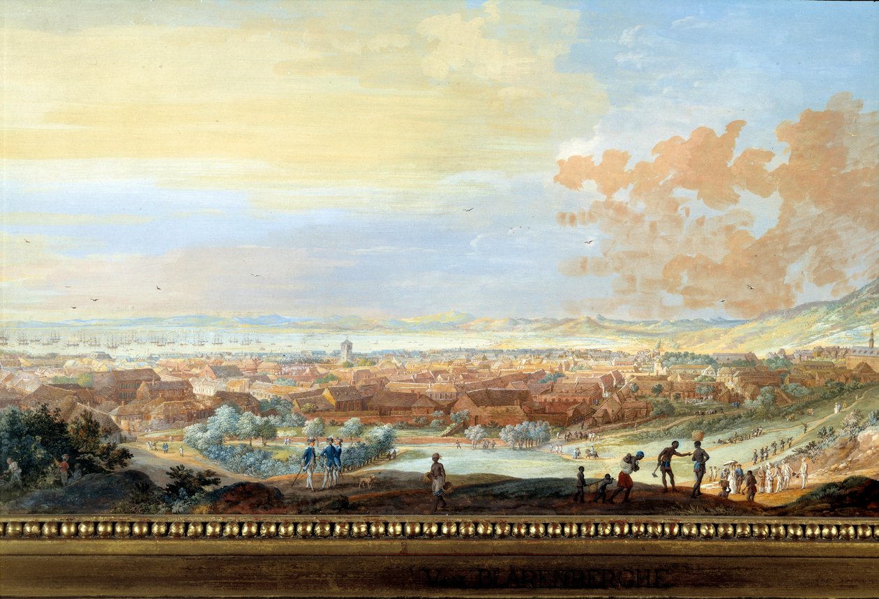 Kilátás Cap francais városára (Cap de la Republique) kilátás a dombról Santo Domingo Detailban. Louis Nicolas Van Blarenberghe (1716-1794) festménye 1779 La Rochelle, Az Újvilág Múzeuma. alkotó: Louis Nicolas van Blarenberghe
