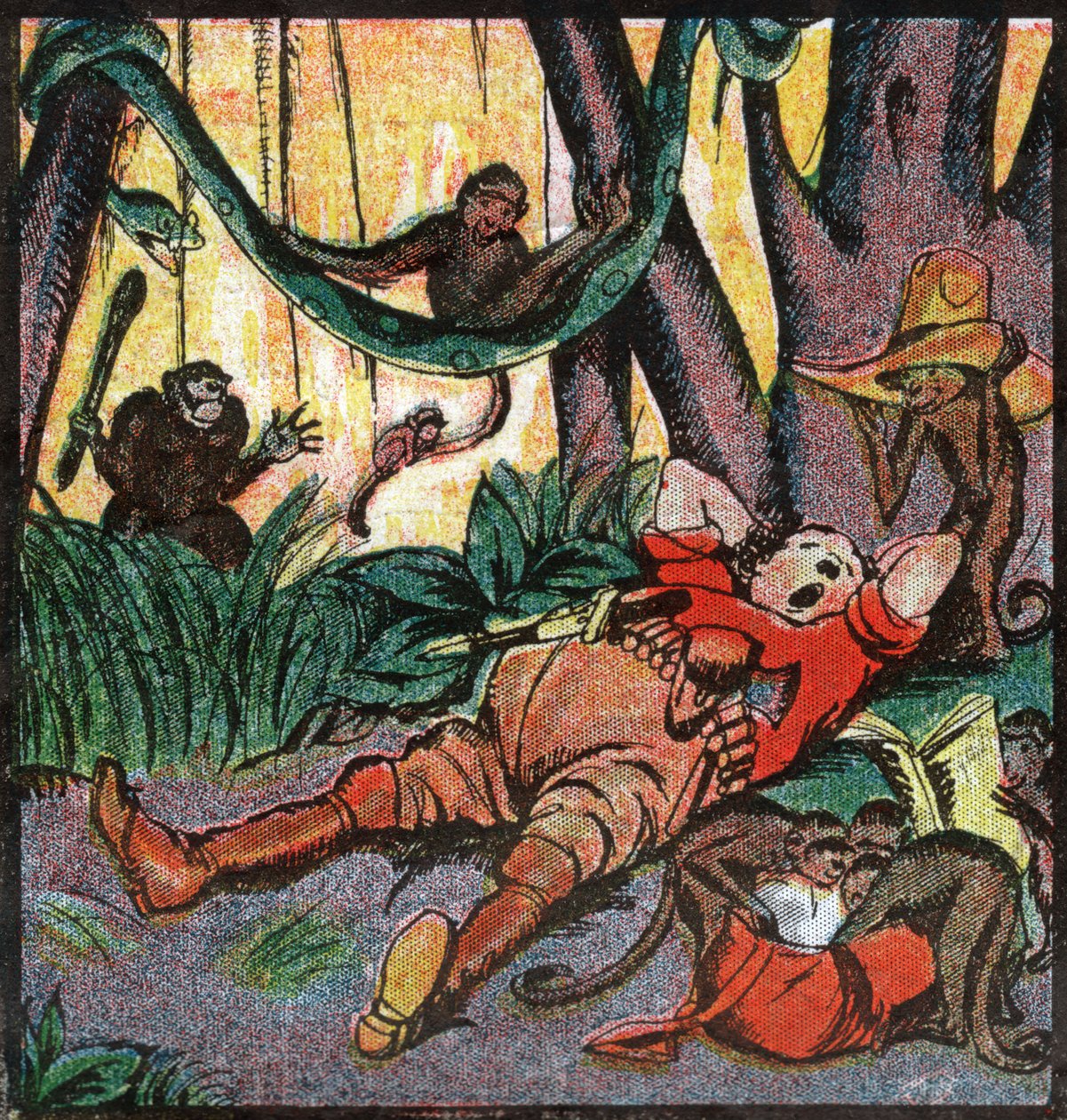 Nestor Fenleroc, Afrikában vadászó európai telepesek. 1923 (metszet) alkotó: Louis Peltier