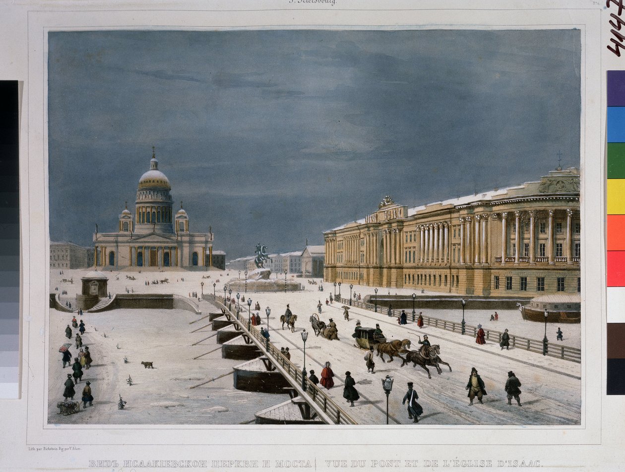 A Szent Izsák-székesegyház és a Szenátus tér Szentpéterváron. Louis Pierre Alphonse Bichebois (Louis-Pierre-Alphonse) rajza (1801-1850). Akvarellre színezett litográfia, alkotó: Louis Philippe Alphonse Bichebois