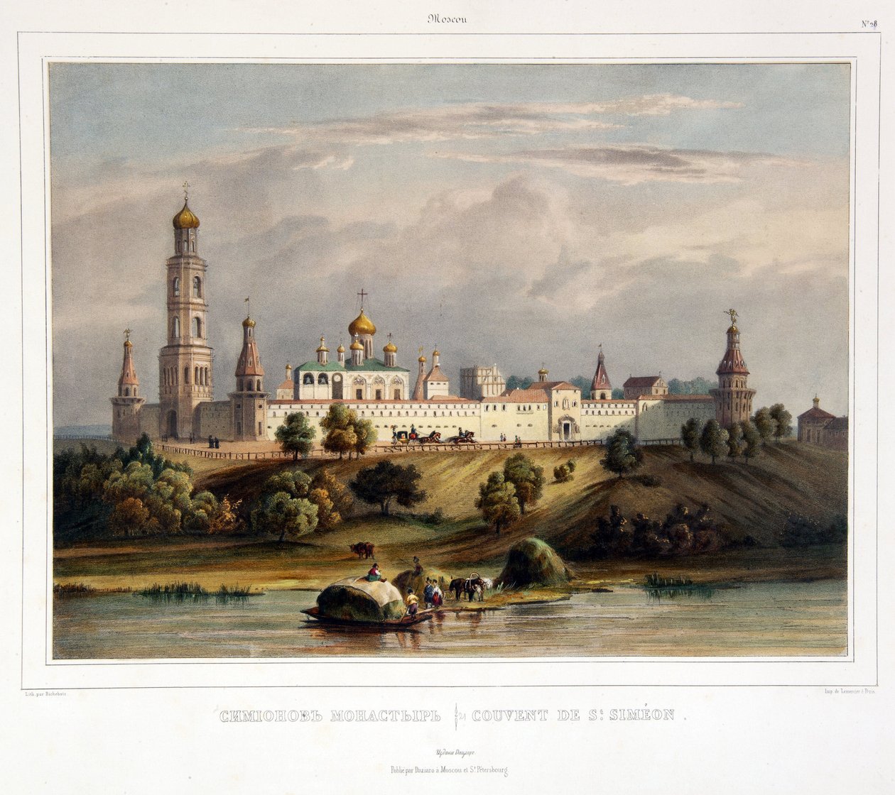 Szent Simon kolostor (Simeon), Moszkva (Kilátás a moszkvai Simonov-kolostorra). Louis Pierre Alphonse Bichebois (1801-1850) munkája, akvarellre színezett metszet, 19. század eleje. Francia művészet, tájkép, klasszicizmus. Állami Múzeum A.S. alkotó: Louis Philippe Alphonse Bichebois