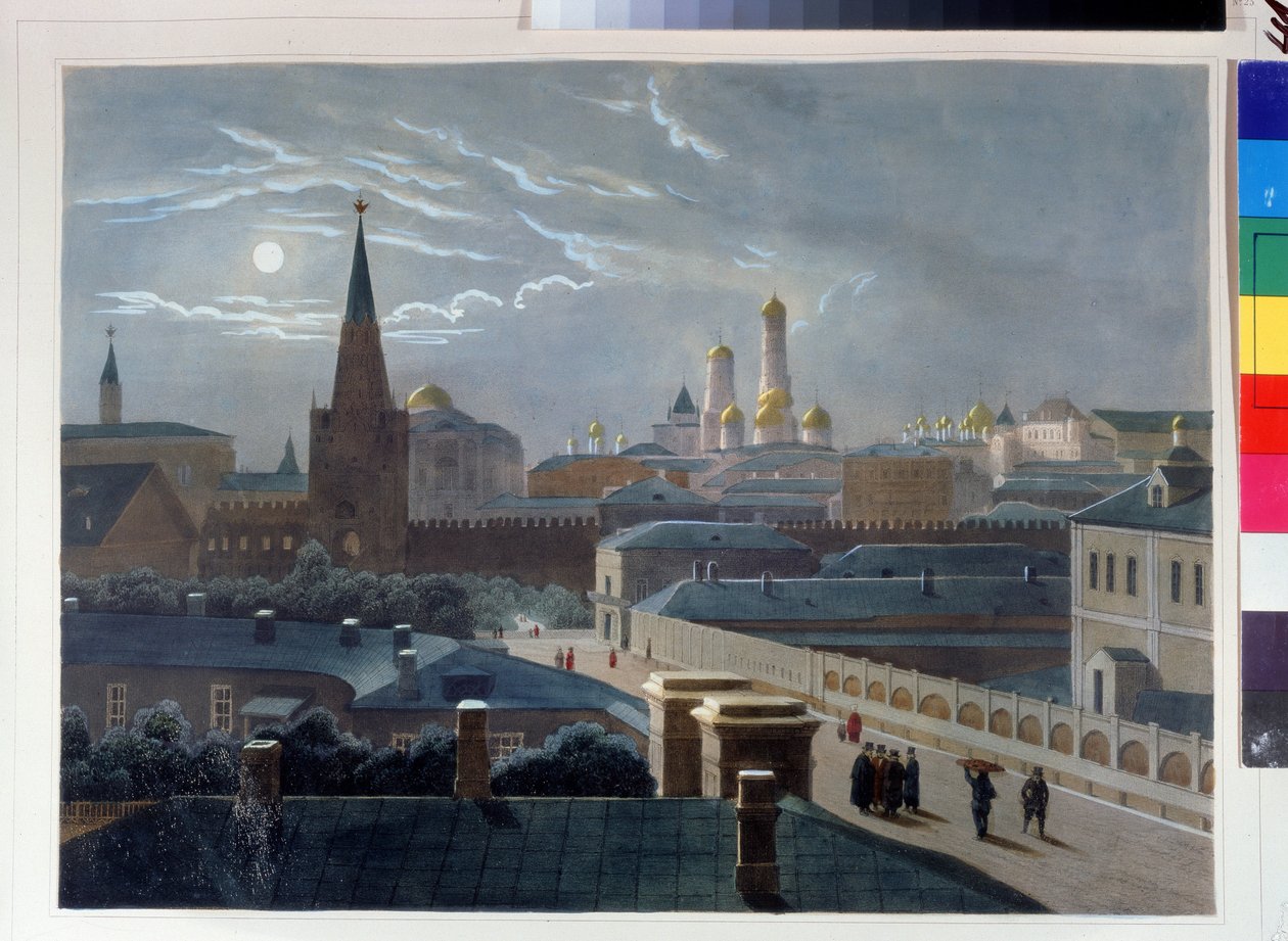 Kilátás a moszkvai Kremlre. Louis Pierre Alphonse Bichebois (1801-1850) rajza. Akvarellre színezett litográfia, 1830-1840 körül, francia művészet, klasszicizmus. A. Puskin Emlékmúzeum, Szentpétervár. ©FineArtImag alkotó: Louis Philippe Alphonse Bichebois