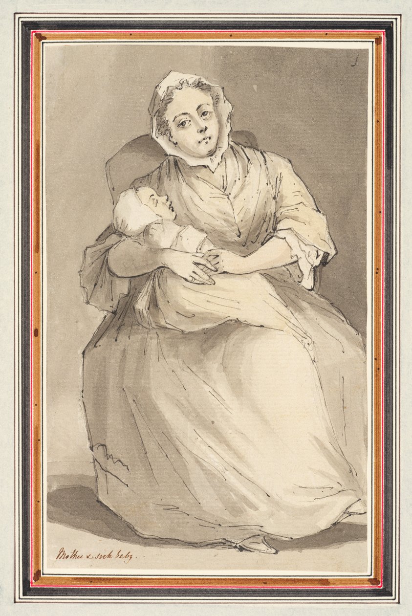 Ülő nő és gyermek (ceruza, toll és tinta és akvarell papíron) alkotó: Louis Philippe Boitard