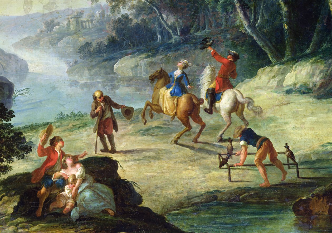 Vadászat sólymokkal, egy lovas és egy solymász részlete, olaj, vászon alkotó: Louis Philippe Crepin