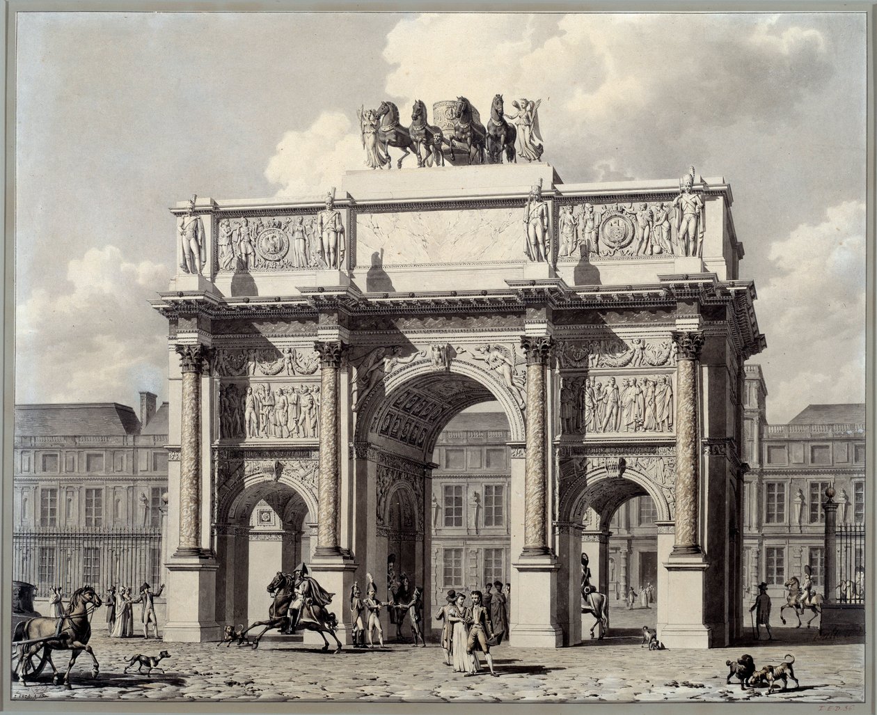 Kilátás a párizsi körhinta diadalívére. Pierre Louis Balard (1764-1846) rajza tollal és tintával mosással alkotó: Louis Pierre Baltard