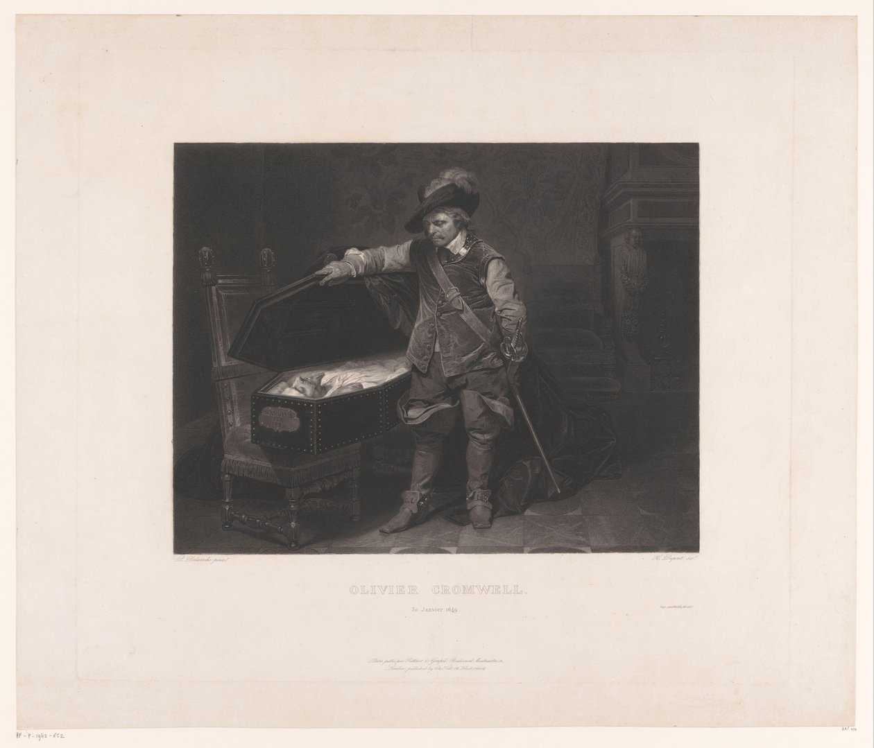 Oliver Cromwell I. Károly angol király koporsójánál Oliver Cromwell. 1649. január 30. (cím a tárgyon) alkotó: Louis Pierre Henriquel Dupont