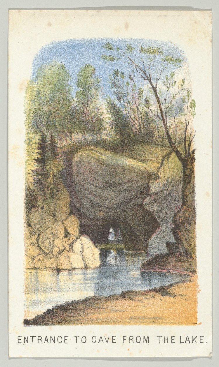 Bejárat a barlangba a tó felől, a Views in Central Park, New York, 2. rész, 1864 sorozatból. alkotó: Louis Prang
