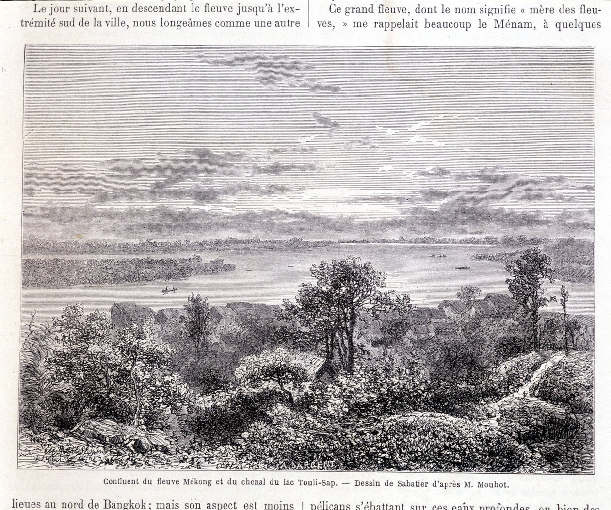 A Mekong folyó és a Touli-tó összefolyása - pofon. Sabatier rajza Mr. Mouhot szerint. “Tour du monde” alkotó: Louis Remy Sabatier