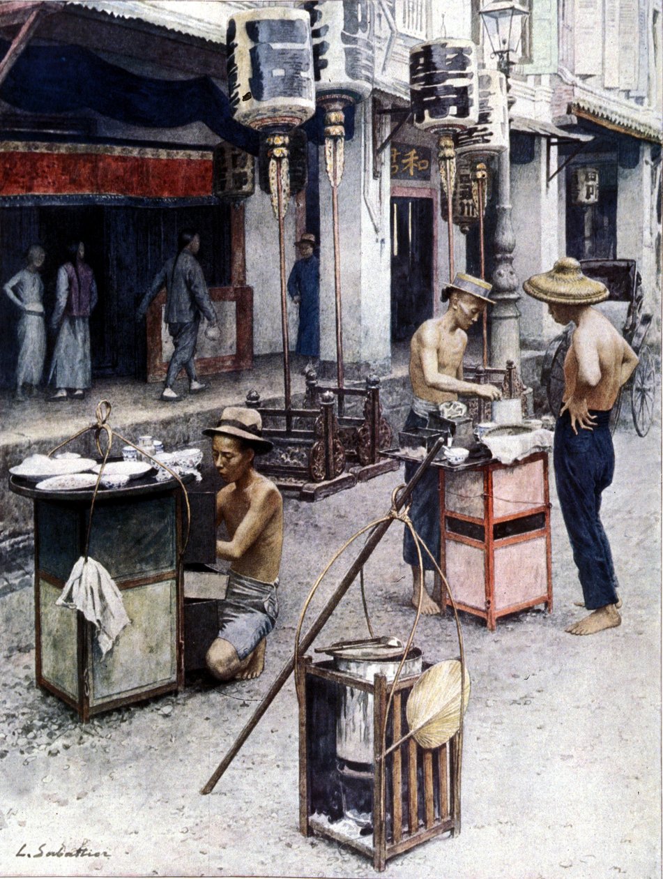 Mobil éttermek a szingapúri kínai negyedben. Illusztráció: L. Sabatier. 19. század. alkotó: Louis Remy Sabattier