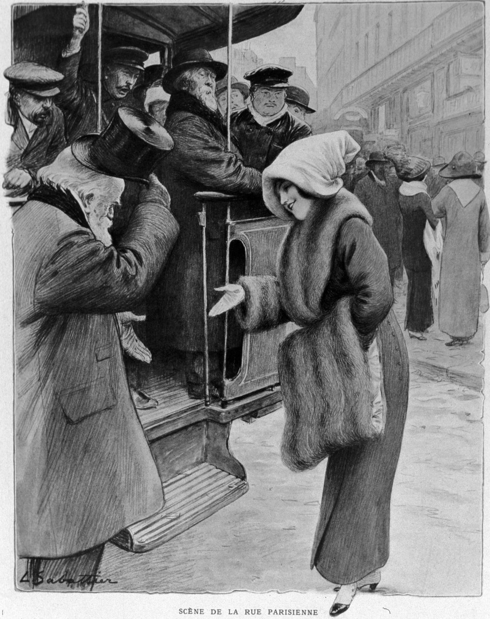 Udvariasság: Jelenet a párizsi utcáról – a múltkori Galenterie a mai Párizsban. Egy idős férfi és egy fiatal nő a buszmegállóban. Sabatier illusztrációja. n.d. 1910-es évek. alkotó: Louis Remy Sabattier