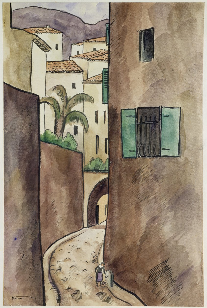 Mediterrán utca és házak (toll, tinta és wc papíron) alkotó: Louis Robert Antral