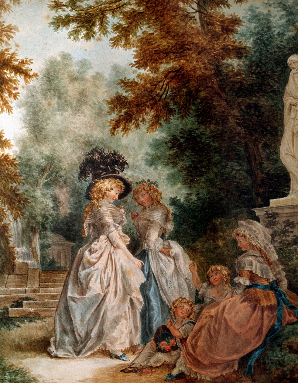 Sétáljon a parkban az Elegant Young Women egy pillanatra a kertben. Louis Trinquesse (1746-1800) akvarellje 18. század. Párizs, Musee Carnavalet alkotó: Louis Rolland Trinquesse