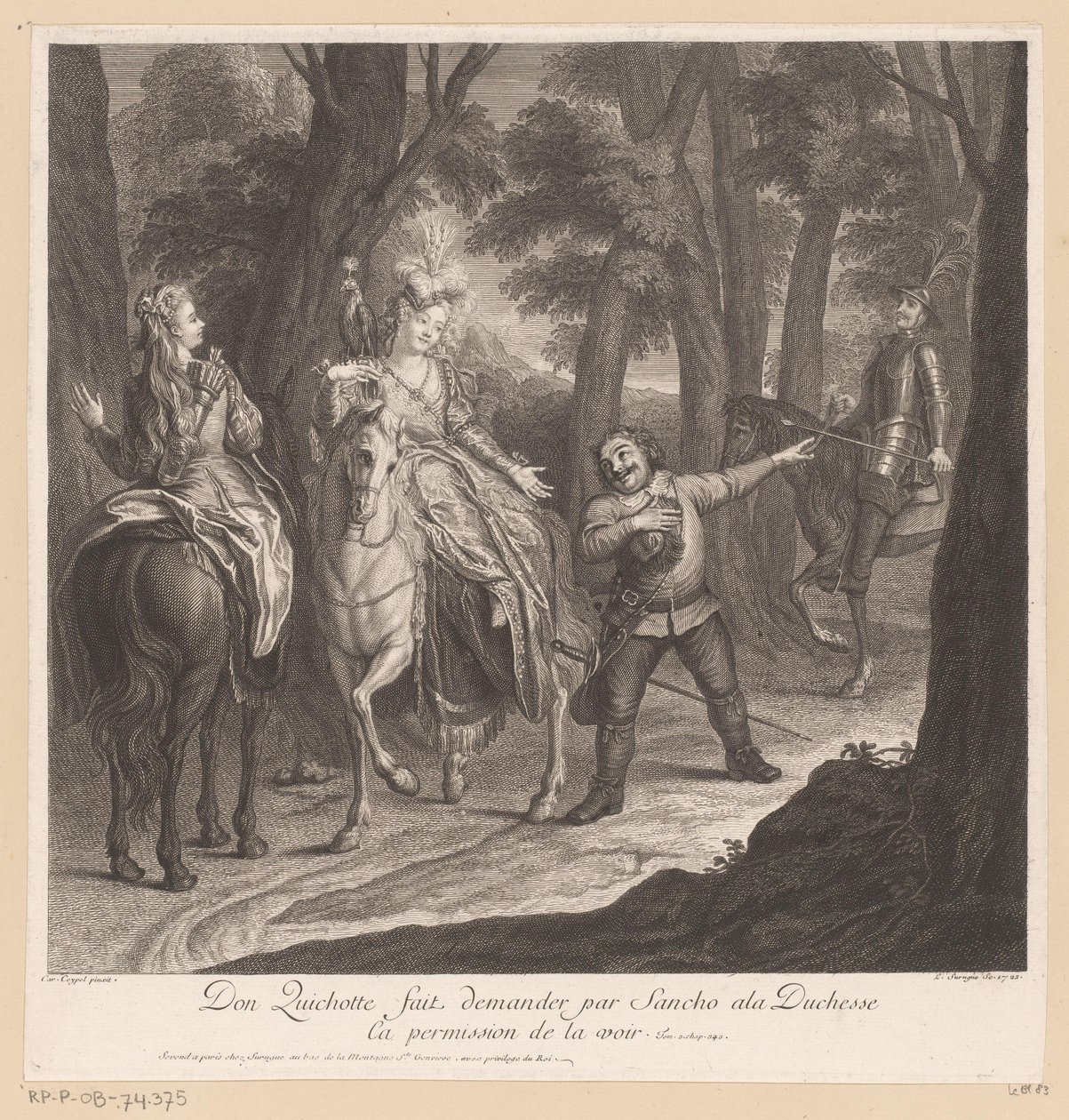 Don Quijote megkéri Sanchót, hogy kérjen engedélyt a hercegnőtől, hogy láthassa Don Quichotte fait demander par Sancho ala Duchesse ca permission de la voir (cím a tárgyon) A La Mancha-i Don Quijote története (sorozat címe) alkotó: Louis Surugue