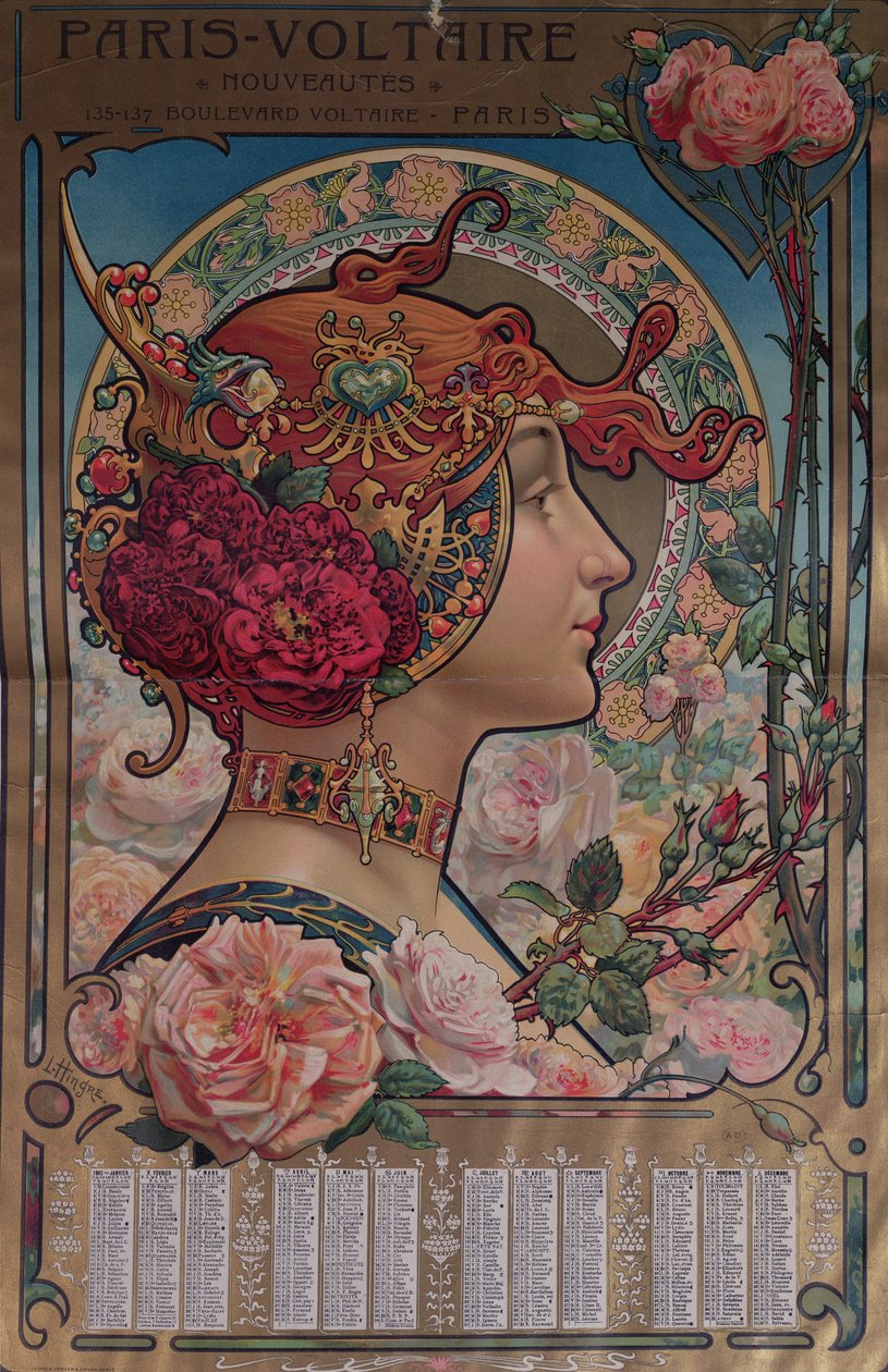 Naptár 1901-re a Paris-Voltaire üzlethez, Párizs, 1900 körül alkotó: Louis Theophile Hingres