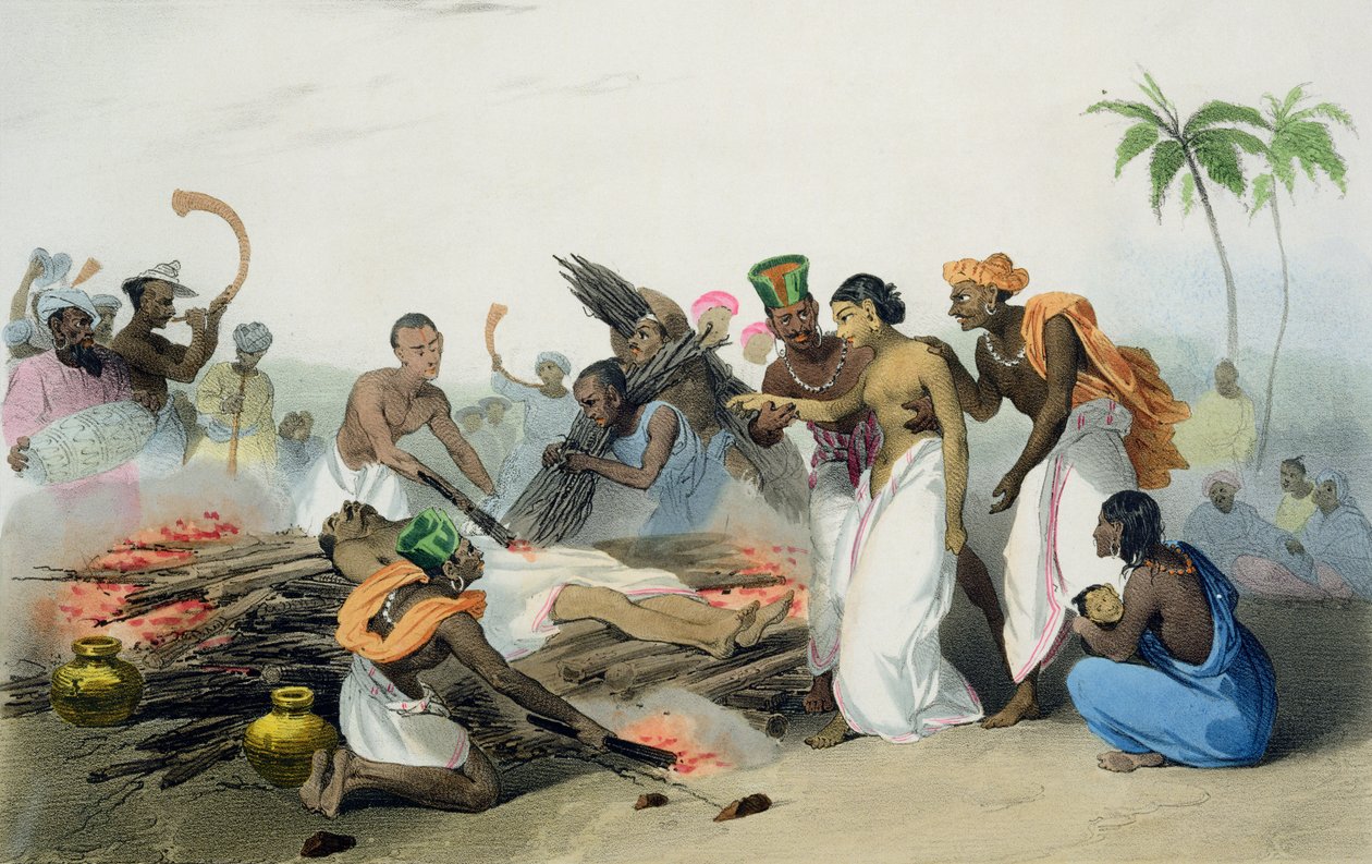Suttee, 3. tábla M. E. Burnouf „Francia Indiák” című művének 15. könyvéből, vésette: Jean Henri Marlet (1770-1848) és társai, 1827-35 alkotó: Louis Thomas Bardel