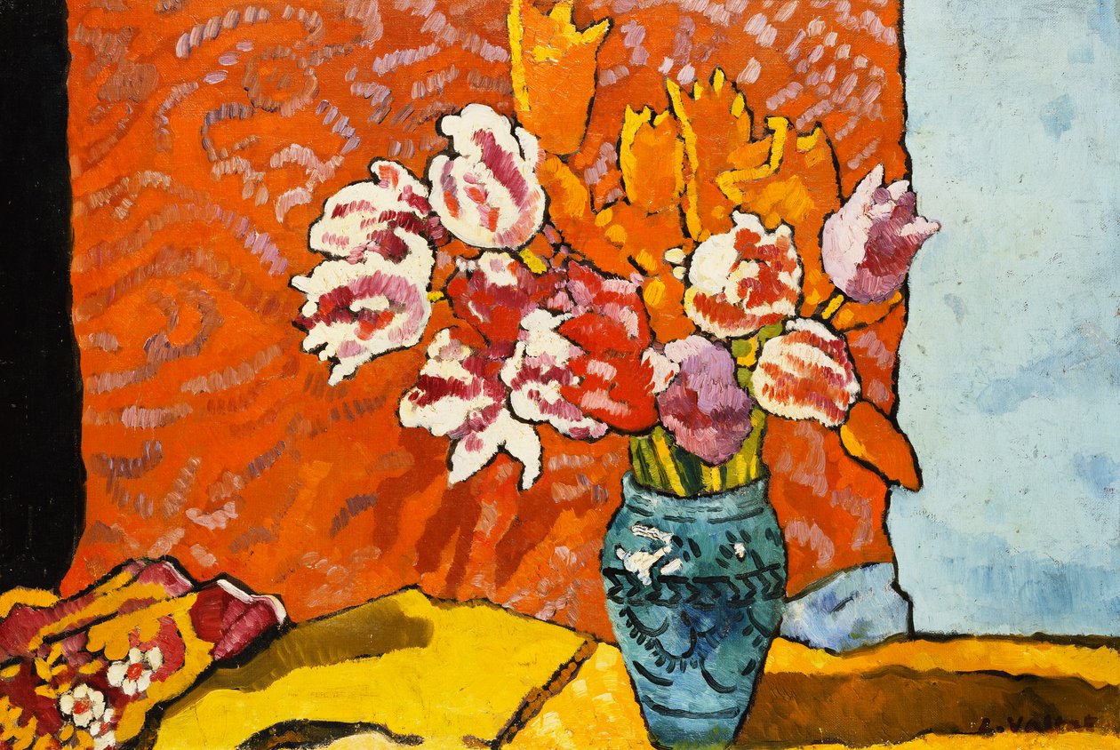 Kék váza, tulipánok és drapériák; Kék váza, tulipánok és drapéria alkotó: Louis Valtat