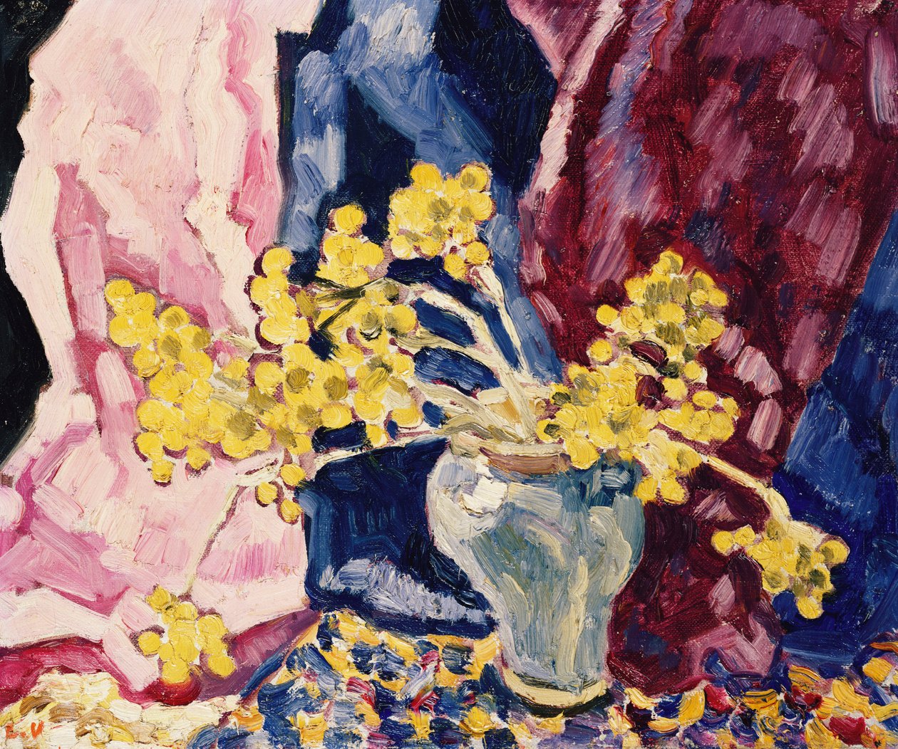 Kék váza, sárga virágok és függönyök, 1938 körül (olaj, vászon) alkotó: Louis Valtat