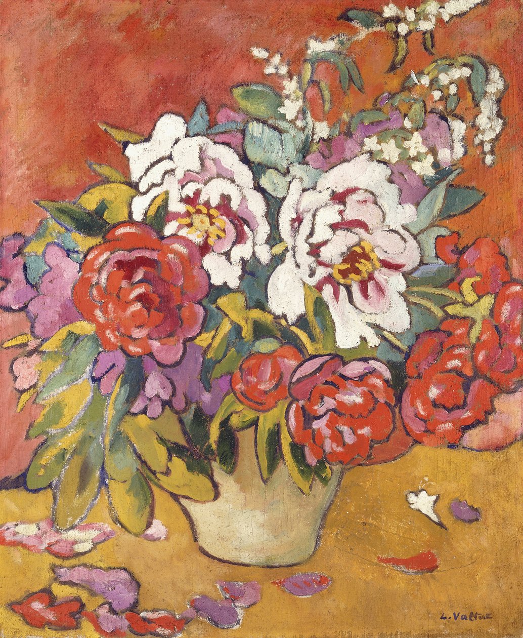 Pünkösdi rózsa kancsóban piros háttér előtt, 1918 körül (olaj, vászon) alkotó: Louis Valtat