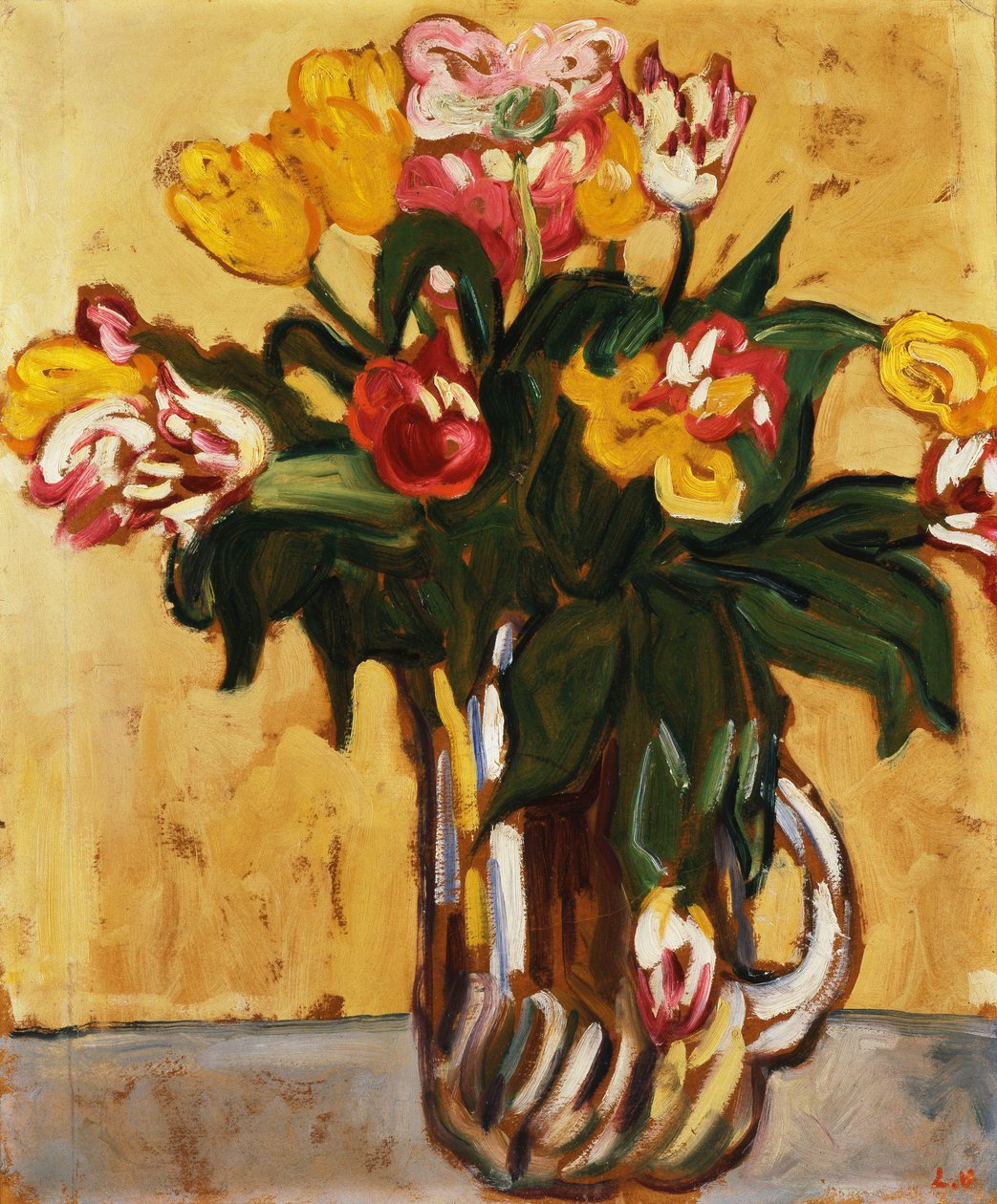 Tulipánok egy üvegkancsóban alkotó: Louis Valtat