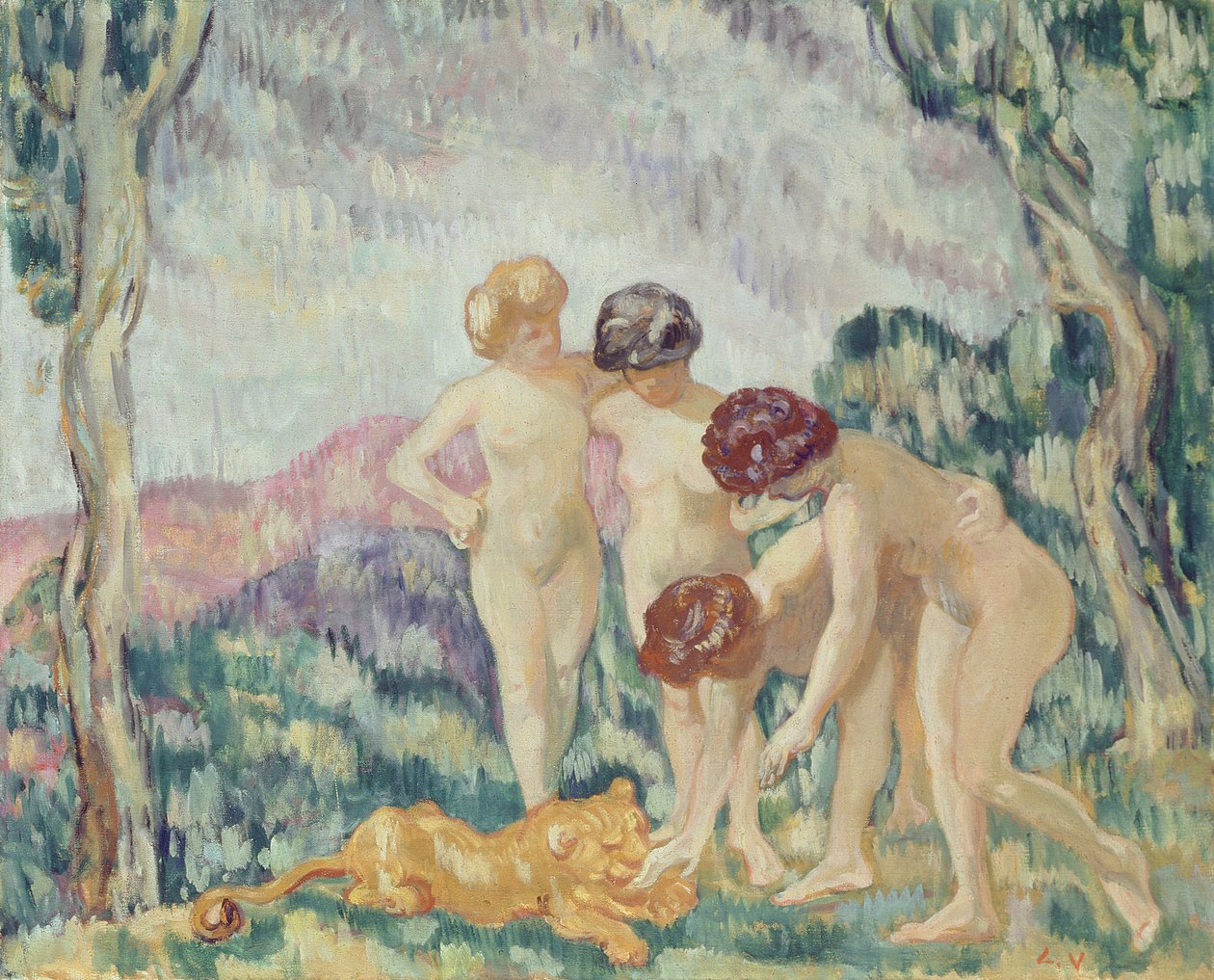 Fiatal lányok játszanak egy oroszlánkölyökkel, 1905-2006 körül (olaj, vászon) alkotó: Louis Valtat