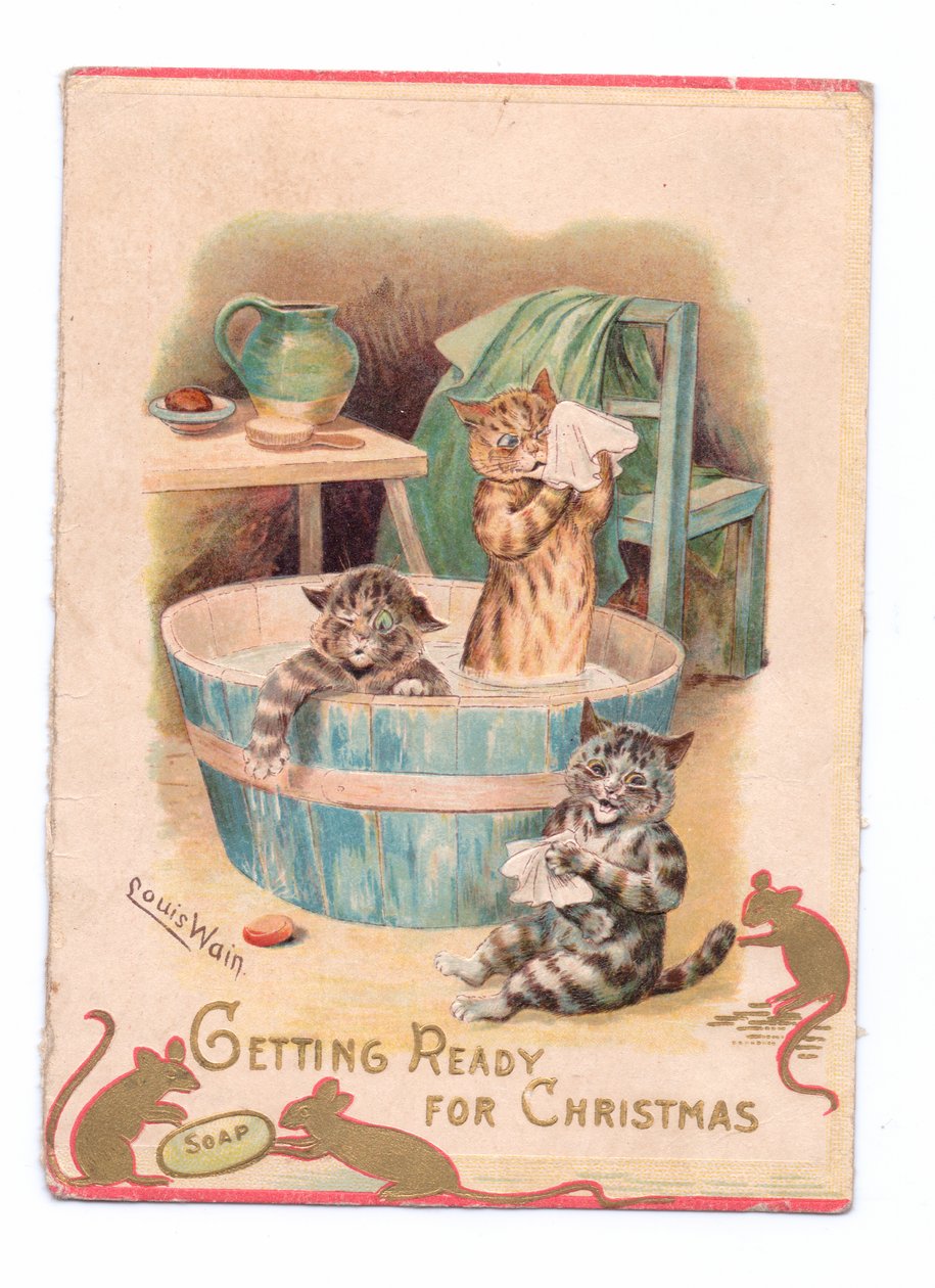 Viktoriánus karácsonyi üdvözlőlap két macskával egy fürdőkádban, miközben két egér egy szappannal játszik, 1880 körül alkotó: Louis Wain